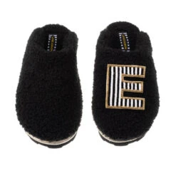 Teddy Closed Toe Slippers With Black & White Stripe Initial Brooch