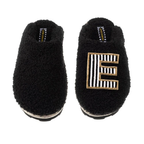Teddy Closed Toe Slippers With Black & White Stripe Initial Brooch 1 Teddy Closed Toe Slippers With Black & White Stripe Initial Brooch