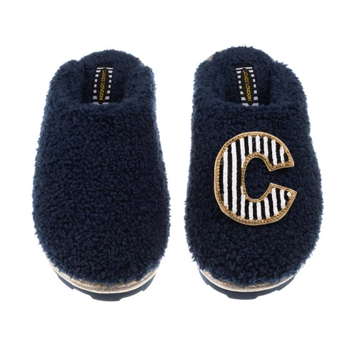Teddy Closed Toe Slippers With Black & White Stripe Initial Brooch 2 Teddy Closed Toe Slippers With Black & White Stripe Initial Brooch - Image 2