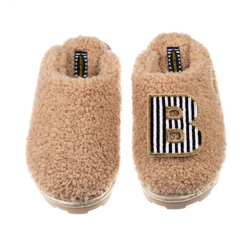 Teddy Closed Toe Slippers With Black & White Stripe Initial Brooch 3 Teddy Closed Toe Slippers With Black & White Stripe Initial Brooch - Image 3