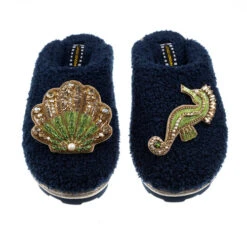 Teddy Closed Toe Slippers With Green & Gold Shell & Seahorse Brooches