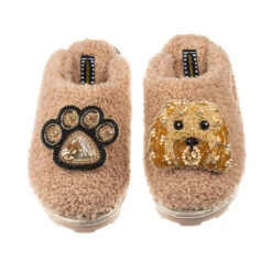 Teddy Closed Toe Slippers With Enki Doo & Paw Brooches