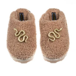 Teddy Closed Toe Slippers With Gold Metal Snake Brooches