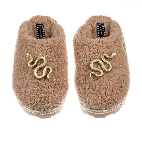 Teddy Closed Toe Slippers With Gold Metal Snake Brooches 1 Teddy Closed Toe Slippers With Gold Metal Snake Brooches