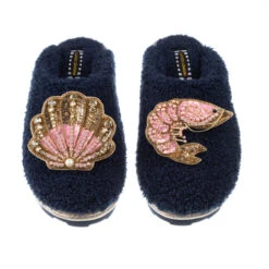 Teddy Closed Toe Slippers With Pink & Gold Shell & Prawn Brooches