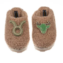 Teddy Closed Toe Slippers With Taurus Star Sign Brooches