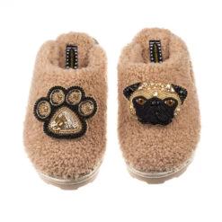 Teddy Closed Toe Slippers With Franki & Paw Brooches