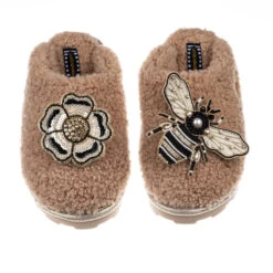 Teddy Closed Toe Slippers With Bee & Flower Brooches