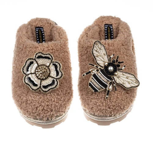 Teddy Closed Toe Slippers With Bee & Flower Brooches 1 Teddy Closed Toe Slippers With Bee & Flower Brooches