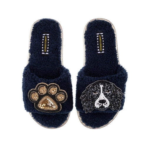 Teddy Towelling Slipper Sliders With Bentley & Paw Brooches 1 Teddy Towelling Slipper Sliders With Bentley & Paw Brooches