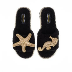 Teddy Towelling Slipper Sliders With Gold Seahorse & Starfish Brooches