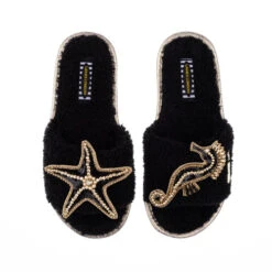 Teddy Towelling Slipper Sliders With Black & Gold Seahorse & Starfish Brooches