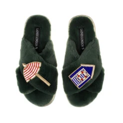 Classic Laines Slippers With Beach Hut & Parasol Brooches