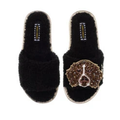 Teddy Towelling Slipper Sliders With Duke The Brown & White Spaniel Brooch