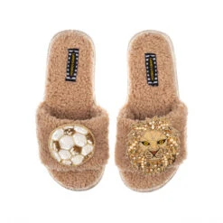 Teddy Towelling Slipper Sliders With Lion & Football Brooches