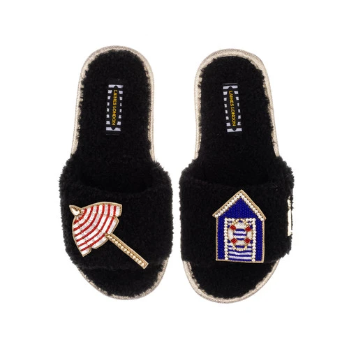 Teddy Towelling Slipper Sliders With Beach Hut & Parasol Brooches 1 Teddy Towelling Slipper Sliders With Beach Hut & Parasol Brooches