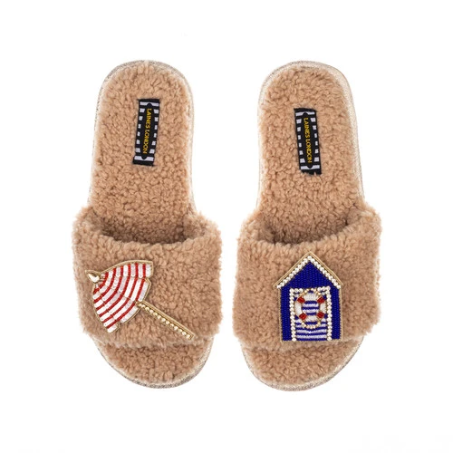 Teddy Towelling Slipper Sliders With Beach Hut & Parasol Brooches 2 Teddy Towelling Slipper Sliders With Beach Hut & Parasol Brooches - Image 2