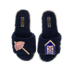 Teddy Towelling Slipper Sliders With Beach Hut & Parasol Brooches 5 Teddy Towelling Slipper Sliders With Beach Hut & Parasol Brooches -Laines London file 2009