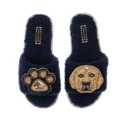 Teddy Towelling Slipper Sliders With Skip The Golden Lab & Paw Brooches