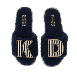 Teddy Towelling Slipper Sliders With Double Black & White Initial Brooches