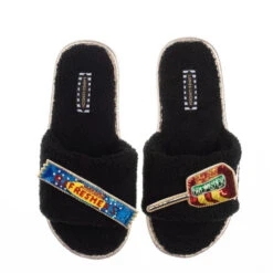 Teddy Towelling Slipper Sliders With Drumstick & Refresher Brooches