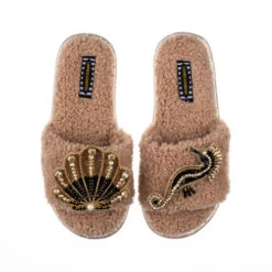 Teddy Towelling Slipper Sliders With Black & Gold Seahorse & Shell Brooches