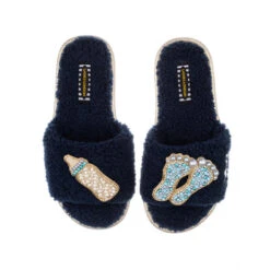 Teddy Towelling Slipper Sliders With New Baby Boy Brooches