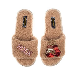 Teddy Towelling Slipper Sliders With Boxing Brooches -Laines London file 2049