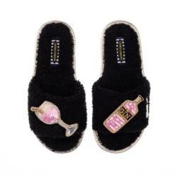Teddy Towelling Slipper Sliders With Pink Gin Brooches