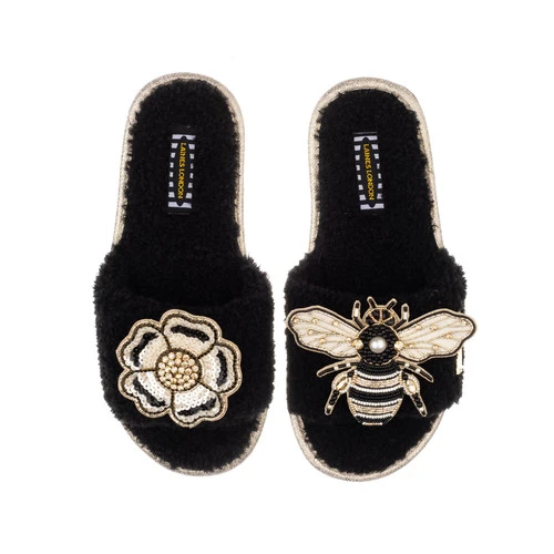 Teddy Towelling Slipper Sliders With Bee & Flower Brooches 1 Teddy Towelling Slipper Sliders With Bee & Flower Brooches