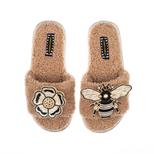 Teddy Towelling Slipper Sliders With Bee & Flower Brooches 2 Teddy Towelling Slipper Sliders With Bee & Flower Brooches - Image 2
