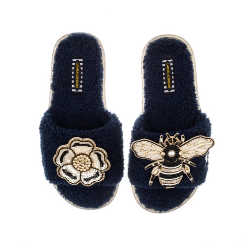 Teddy Towelling Slipper Sliders With Bee & Flower Brooches 3 Teddy Towelling Slipper Sliders With Bee & Flower Brooches - Image 3