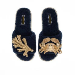 Teddy Towelling Slipper Sliders With Gold Crab & Coral Brooches