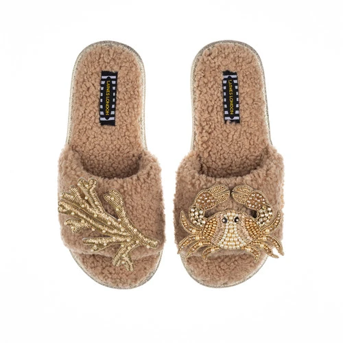 Teddy Towelling Slipper Sliders With Gold Crab & Coral Brooches 2 Teddy Towelling Slipper Sliders With Gold Crab & Coral Brooches - Image 2