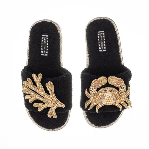 Teddy Towelling Slipper Sliders With Gold Crab & Coral Brooches 3 Teddy Towelling Slipper Sliders With Gold Crab & Coral Brooches - Image 3