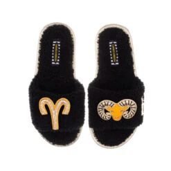 Teddy Towelling Slipper Sliders With Aries Star Sign Brooches