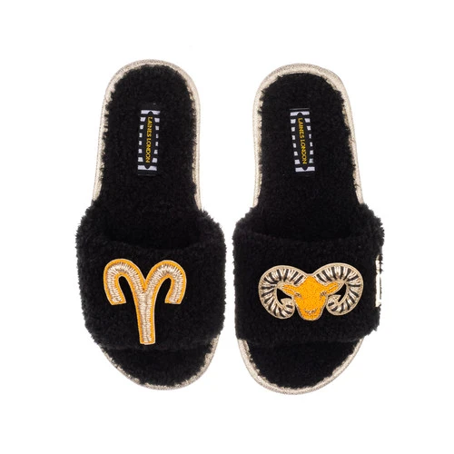 Teddy Towelling Slipper Sliders With Aries Star Sign Brooches 1 Teddy Towelling Slipper Sliders With Aries Star Sign Brooches