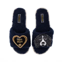 Teddy Towelling Slipper Sliders With Bentley & Dog Mum Brooches -Laines London file 2086