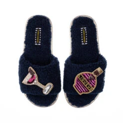 Teddy Towelling Slipper Sliders With Raspberry Liqueur Brooches