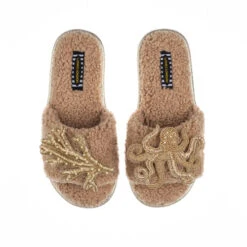 Teddy Towelling Slipper Sliders With Gold Octopus & Coral Brooches
