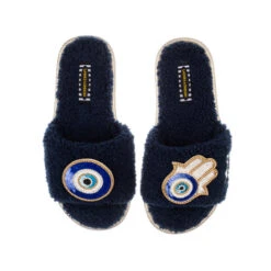 Teddy Towelling Slipper Sliders With Evil Eye & Hamsa Hand Brooches