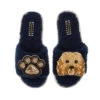 Teddy Towelling Slipper Sliders With Enki Doo & Paw Brooches