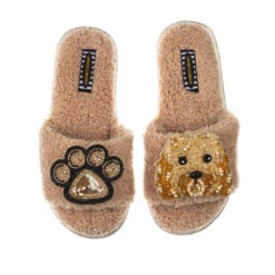 Teddy Towelling Slipper Sliders With Enki Doo & Paw Brooches 5 Teddy Towelling Slipper Sliders With Enki Doo & Paw Brooches -Laines London file 2127