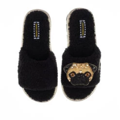 Teddy Towelling Slipper Sliders With Franki The Fawn Pug Brooch