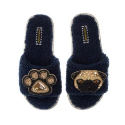 Teddy Towelling Slipper Sliders With Franki & Paw Brooches