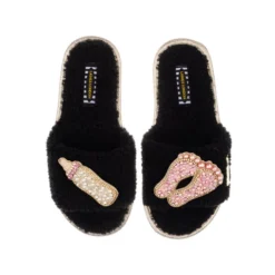 Teddy Towelling Slipper Sliders With New Baby Girl Brooches