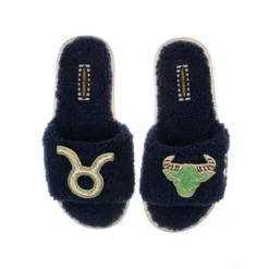 Teddy Towelling Slipper Sliders With Taurus Star Sign Brooches -Laines London file 2147