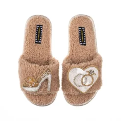 Teddy Towelling Slipper Sliders With Mrs Heel & Wedding Rings Brooches