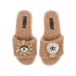 Teddy Towelling Slipper Sliders With Mystic Eyes Brooches