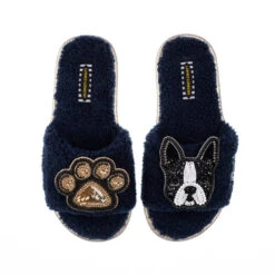 Teddy Towelling Slipper Sliders With Buddy & Paw Brooches